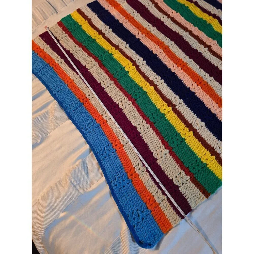 Vintage Handmade Colorful Stripes Knit Crochet Throw Blanket